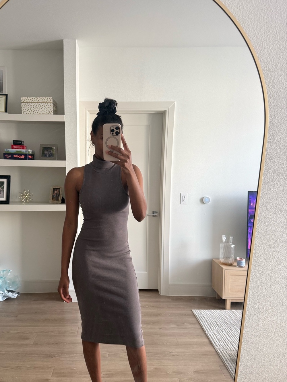 Zara Sleeveless High-Neck Midi Dress in Taupe